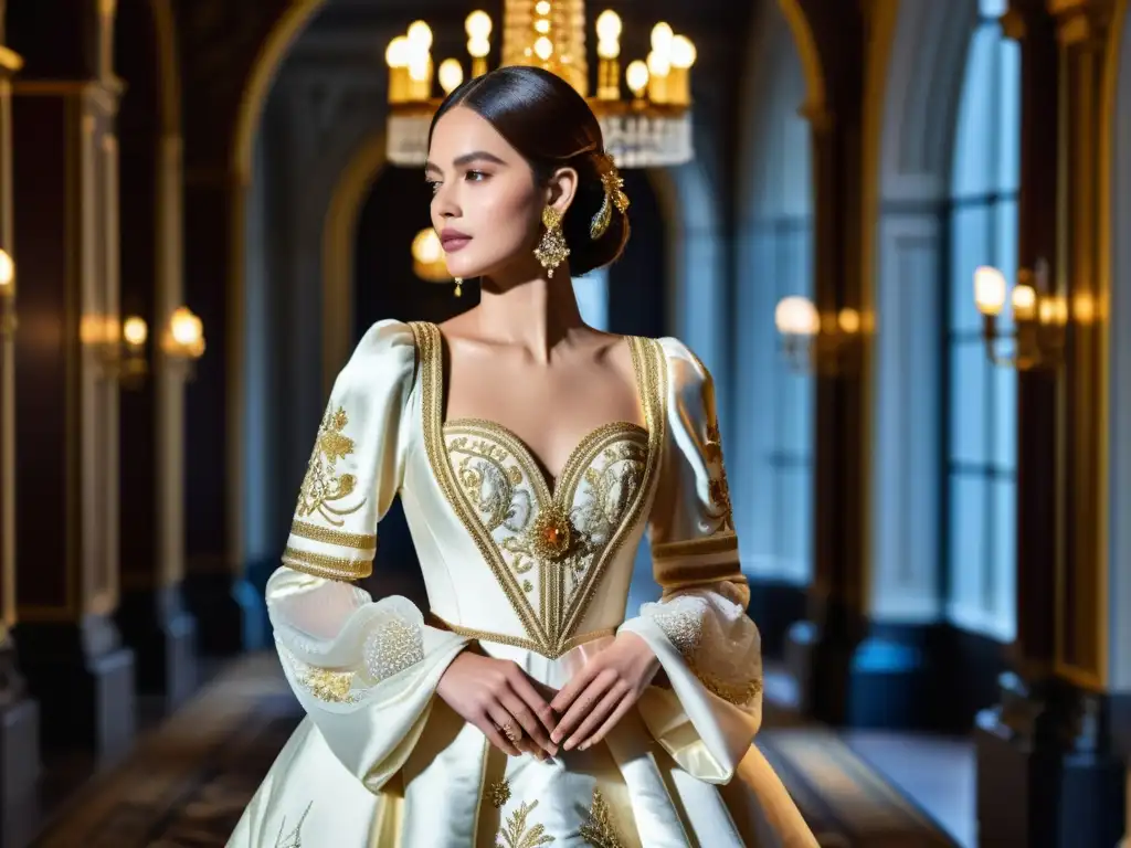 Vestido barroco con bordados dorados, mangas voluminosas y silueta contemporánea, en un palacio histórico