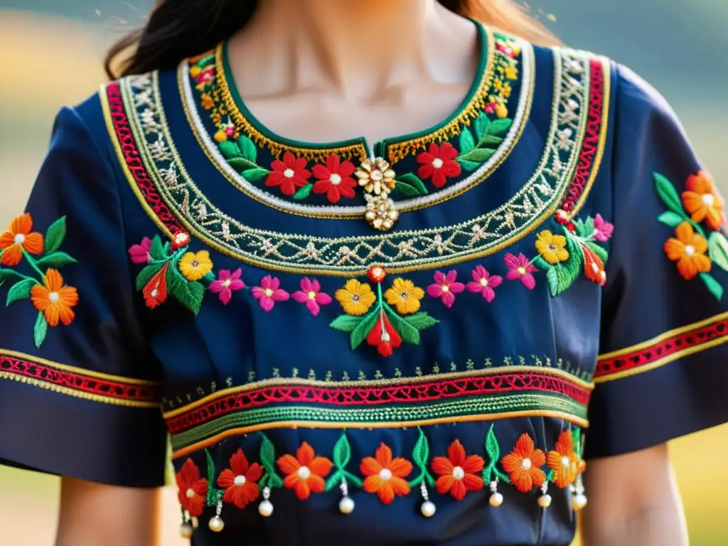 Un vestido festivo tradicional con bordados detallados y significado simbólico en patrones ornamentados