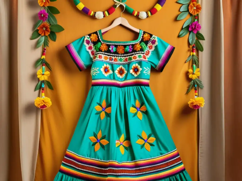 Vestido folclórico mexicano con patrones simétricos en indumentaria festiva y detallada artesanía en colores vibrantes y accesorios tradicionales