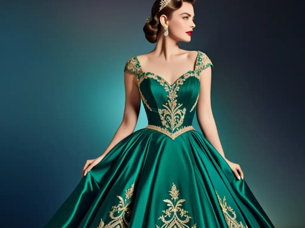 Vestido de gala vintage con patrones de moda festiva evolución histórica en tela brillante y detalles de encaje