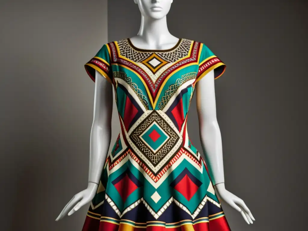 Vestido de lujo en maniquí con patrones geométricos en colores opulentos, reflejando la armonía entre geometría y moda de alta costura