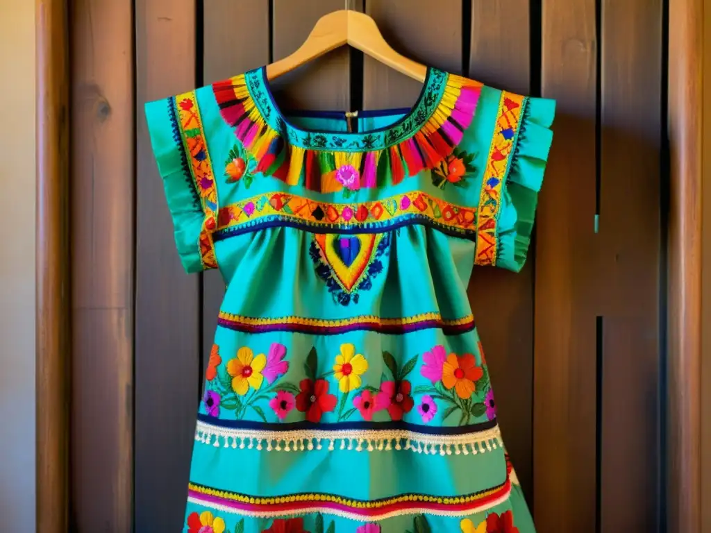 Un vestido mexicano bordado en línea exhibe patrones vibrantes y detallados en colores audaces, evocando una artesanía culturalmente significativa