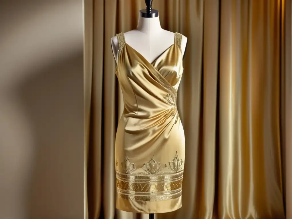 Vestido de seda con patrones dorados en la alta costura, en maniquí bañado en luz cálida y ambiente lujoso