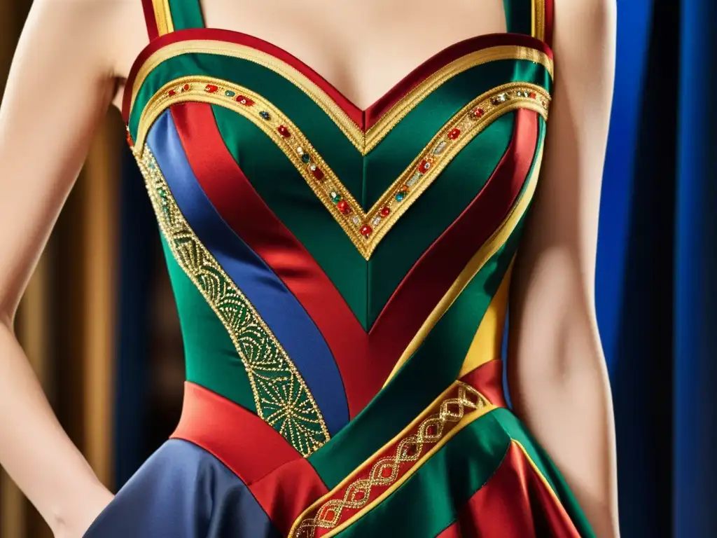 Un vestido vintage de alta costura con patrones multicolor, detalle y elegancia atemporal