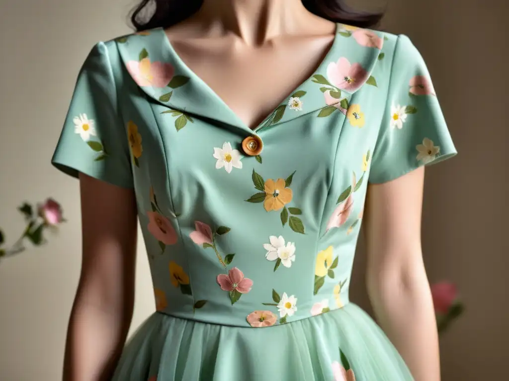 Un vestido vintage de los años 50 con patrones florales en tonos suaves