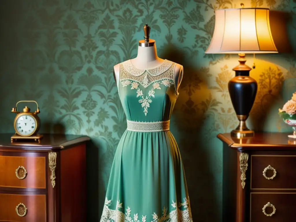 Un vestido vintage restaurado con detalle encaje y bordado, exhibido en un maniquí con fondo de muebles antiguos y papel tapiz