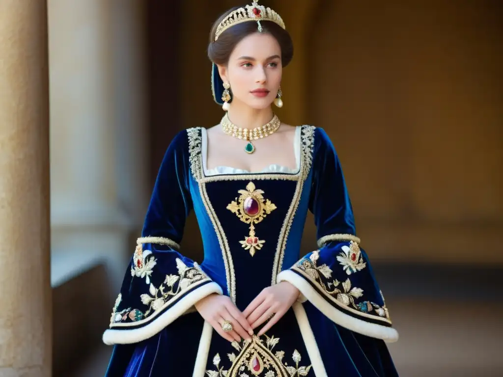 Vestido renacentista de nobleza: bordados y riqueza Vestimenta de noble renacentista con emblemas y patrones bordados en terciopelo de lujo en tonos joya, reflejando opulencia y estatus