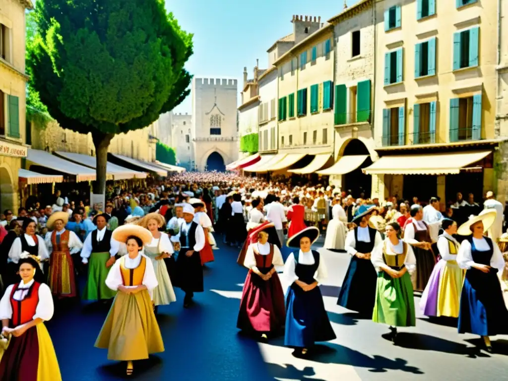 Vestuarios y decorados del Festival de Avignon, calle bulliciosa con trajes tradicionales y escenografía colorida