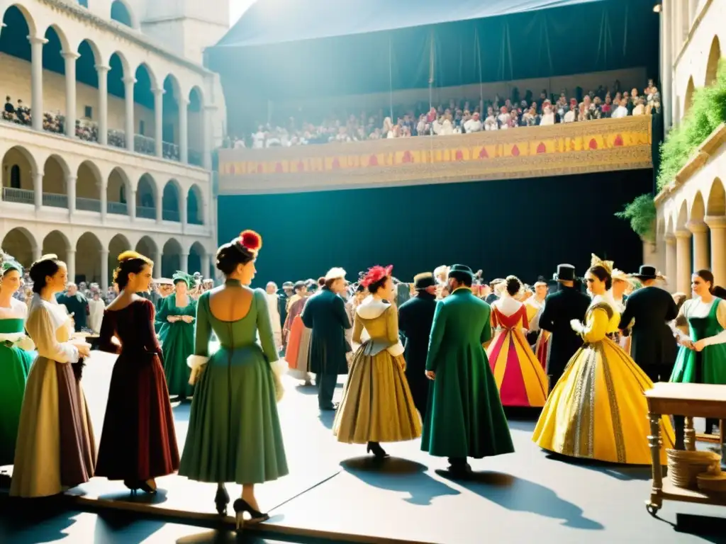 Vestuarios y decorados Festival Avignon: Una bulliciosa escena en el backstage del Festival de Avignon, llena de colores vibrantes y preparativos frenéticos, capturando la magia del teatro