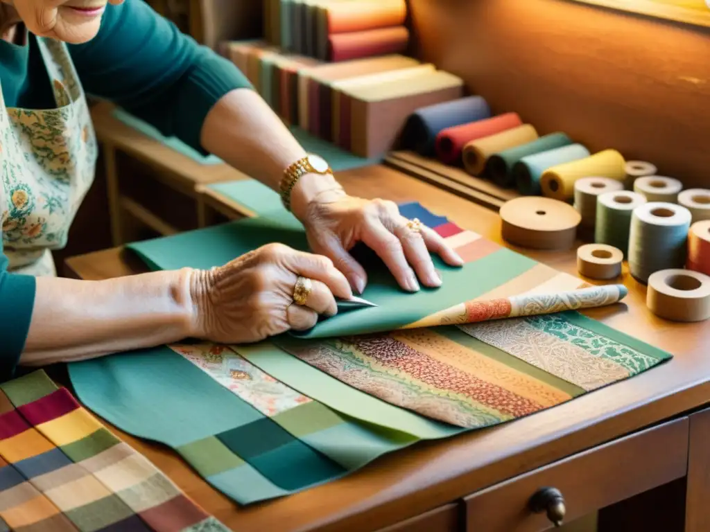 Un veterano artesano corta meticulosamente patrones en su estudio de diseño vintage, destacando la importancia de licencias de patrones