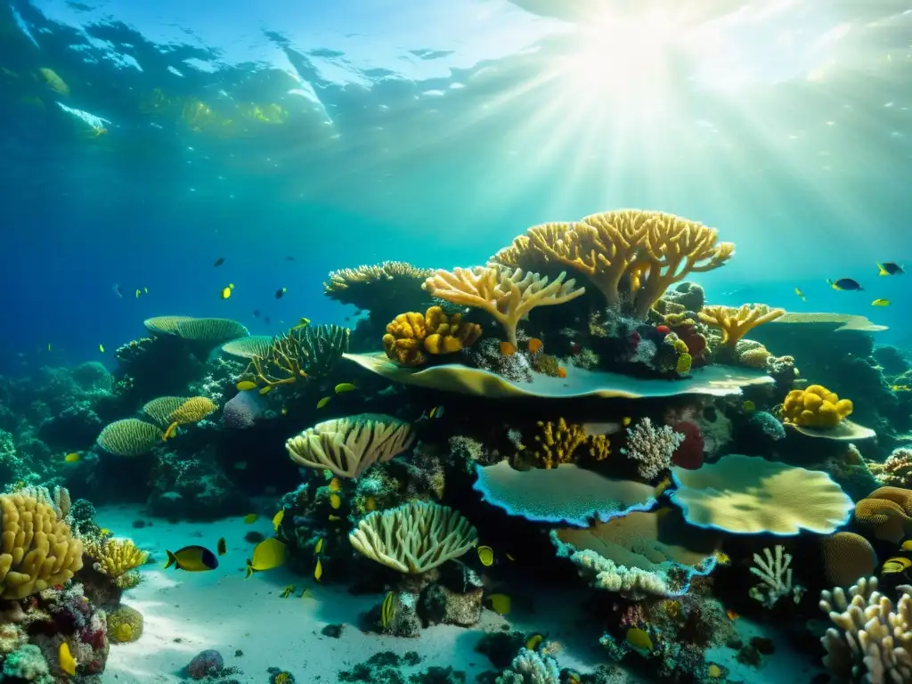 Una fotografía vintage de un vibrante arrecife de coral, mostrando la diversidad marina y el significado ecológico de los patrones en arrecifes