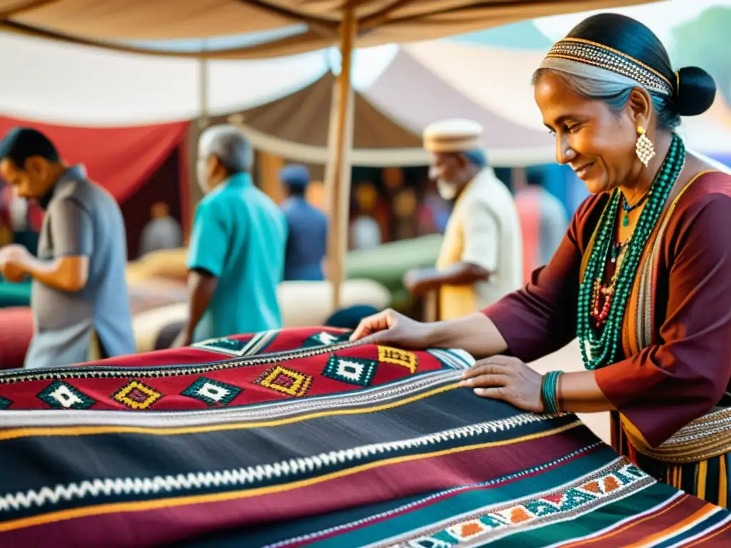 Un vibrante arte textil tribal en un bullicioso mercado, lleno de historia y autenticidad