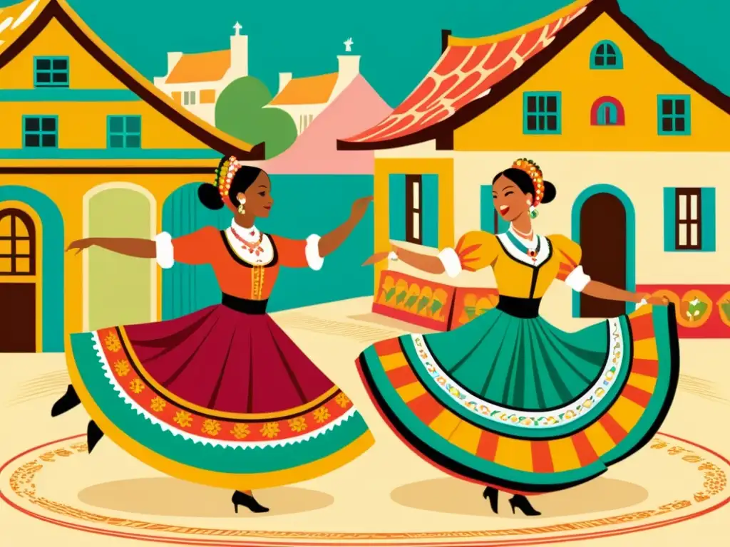 Vibrante ilustración de baile folclórico con patrones e indumentaria colorida, en escena festiva de pueblo