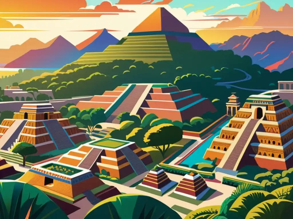 Antigua ciudad precolombina: vibrante y armoniosa Una ilustración vibrante de una bulliciosa ciudad precolombina, con intrincadas estructuras de piedra y un paisaje natural armonioso