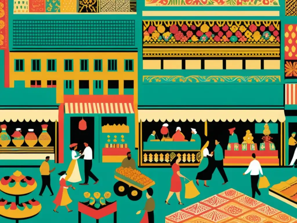 Vibrante ilustración vintage de un bullicioso mercado con diseños y colores únicos