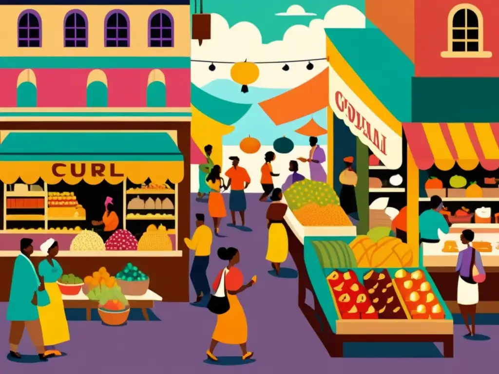 Una ilustración vibrante de un bullicioso mercado con personas de diversas culturas disfrutando conversaciones animadas y actividades tradicionales