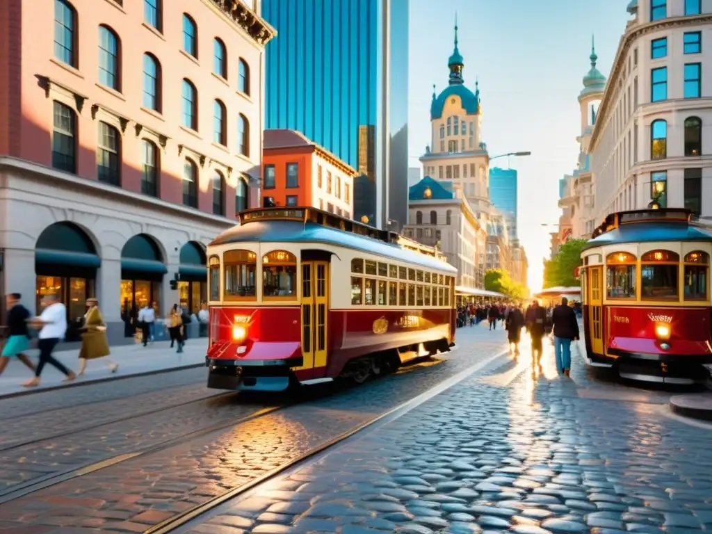 Vibrante calle de la ciudad con rascacielos modernos y edificios históricos, reflejando la fusión de patrones culturales en diseño urbano