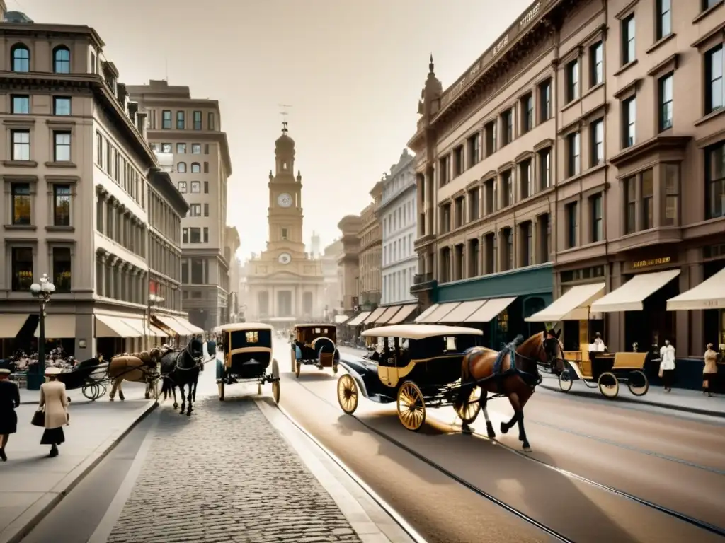 Vibrante calle del siglo XX con patrones de planificación urbana sostenible en arquitectura diversa y vida callejera histórica