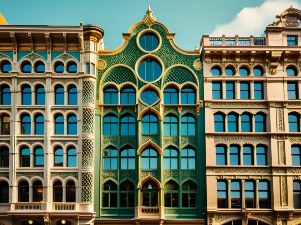 Vibrante calle urbana con arquitectura vintage y patrones biomiméticos, fusionando naturaleza e innovación en la ciudad