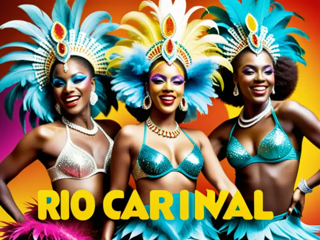 Un vibrante cartel vintage de bailarines de samba en trajes elaborados, moviéndose al ritmo del carnaval de Río