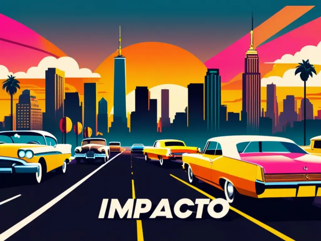 Un vibrante cartel vintage muestra una bulliciosa ciudad al atardecer con rascacielos, autos clásicos y peatones elegantes