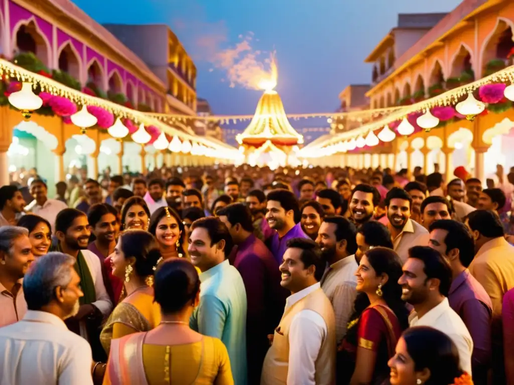 La vibrante celebración de Diwali iluminada por patrones de luz y color evoca tradición y alegría