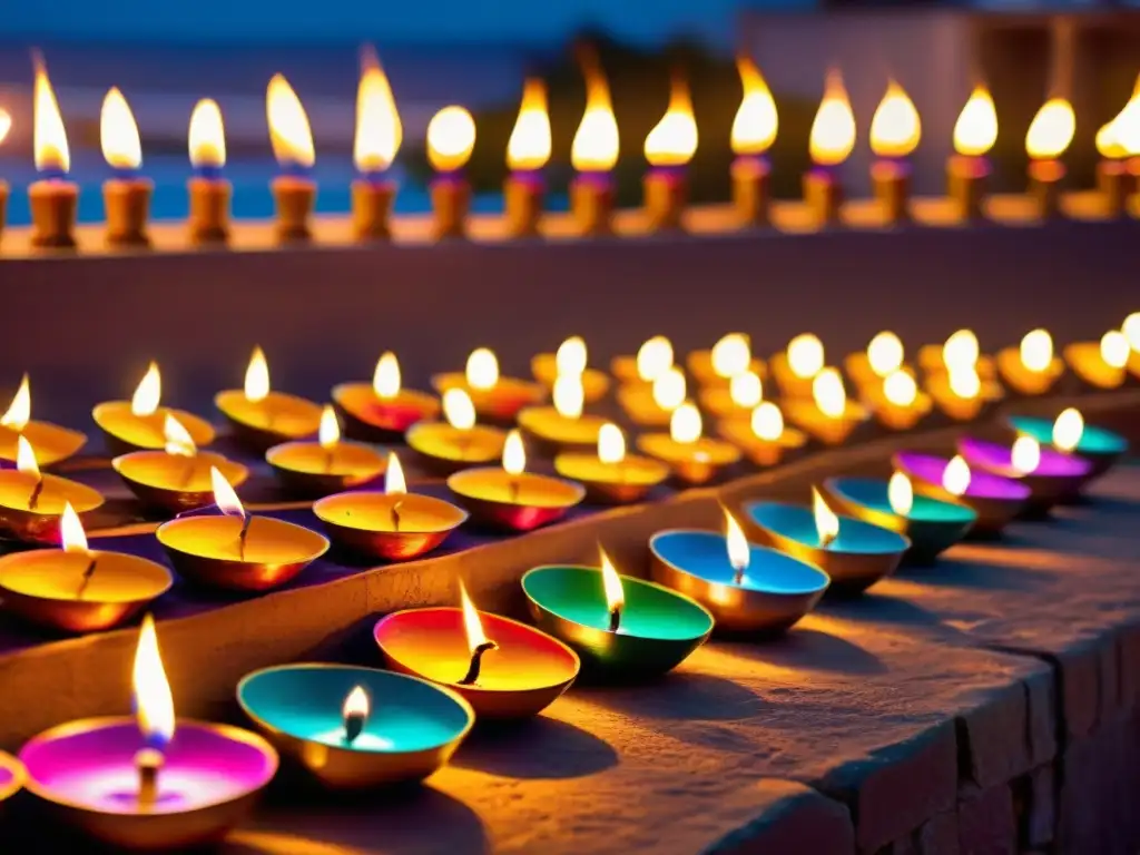 Una vibrante celebración de Diwali con patrones de luz y color, diyas iluminando la noche y fuegos artificiales en el cielo oscuro