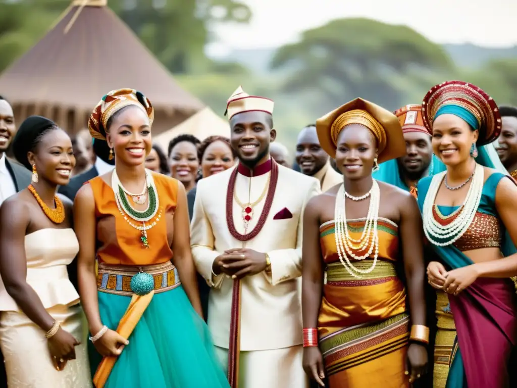 Una vibrante ceremonia de boda africana con textiles en rituales y celebraciones africanas, exhibiendo colores terrosos y patrones intrincados