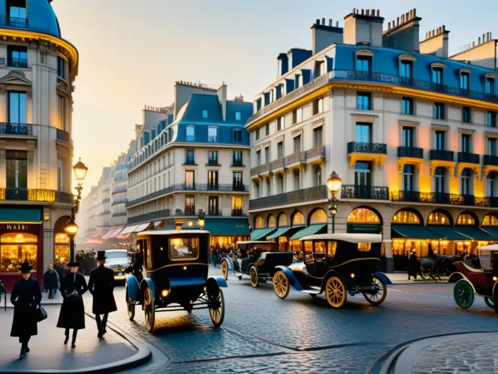 Un vibrante cruce de calles parisinas de finales del siglo XIX, con arquitectura Art Nouveau y patrones florales detallados