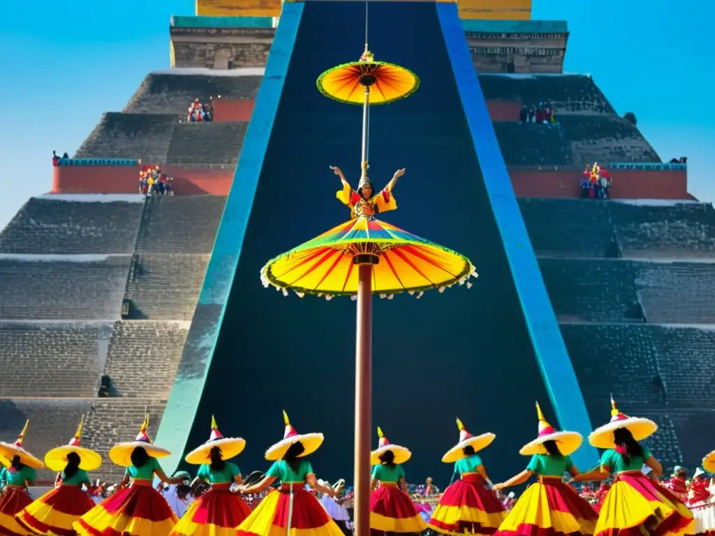 Vibrante Danza de los Voladores en festival de Papantla con patrones artísticos en festivales