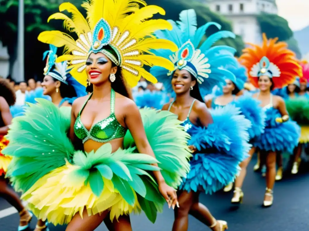 Vibrante desfile de Carnaval en Río con patrones de danza y coloridos trajes adornados con plumas y lentejuelas