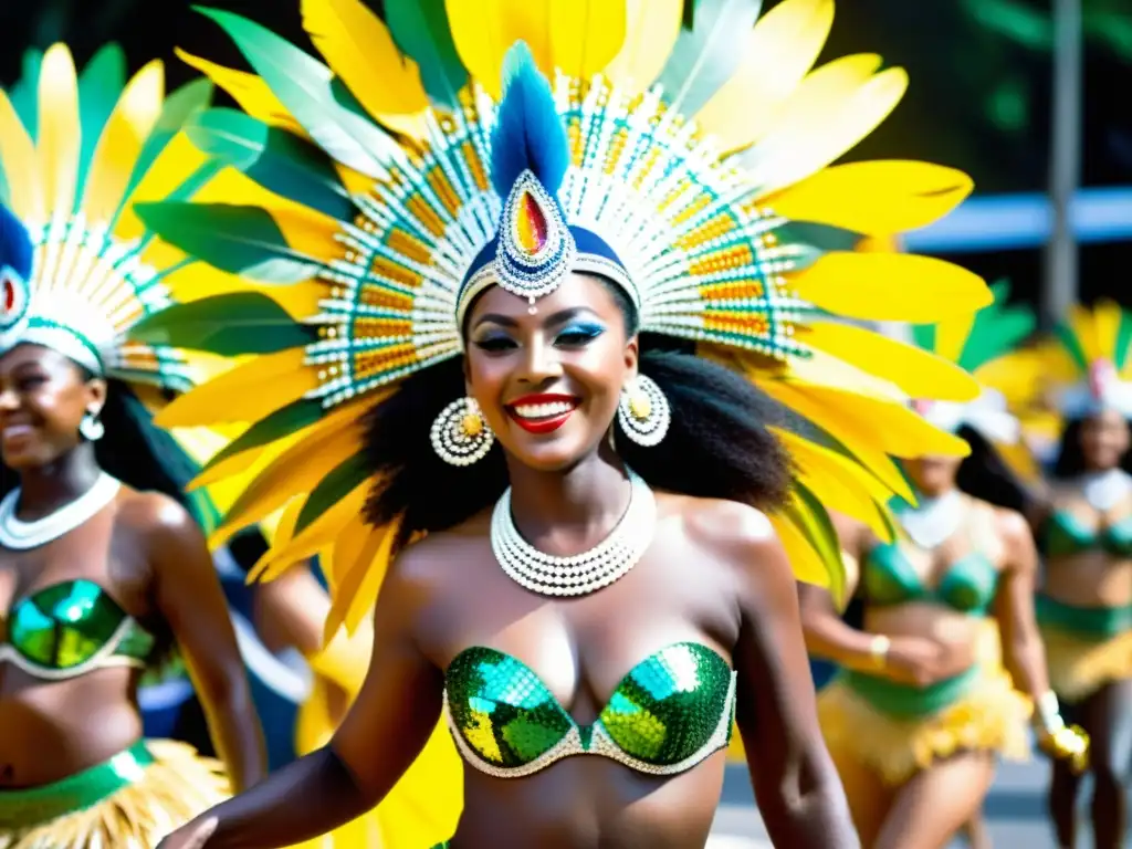 Vibrante desfile de samba en el Carnaval de Río, con patrones de danza y trajes coloridos que capturan la energía cultural y festiva del evento