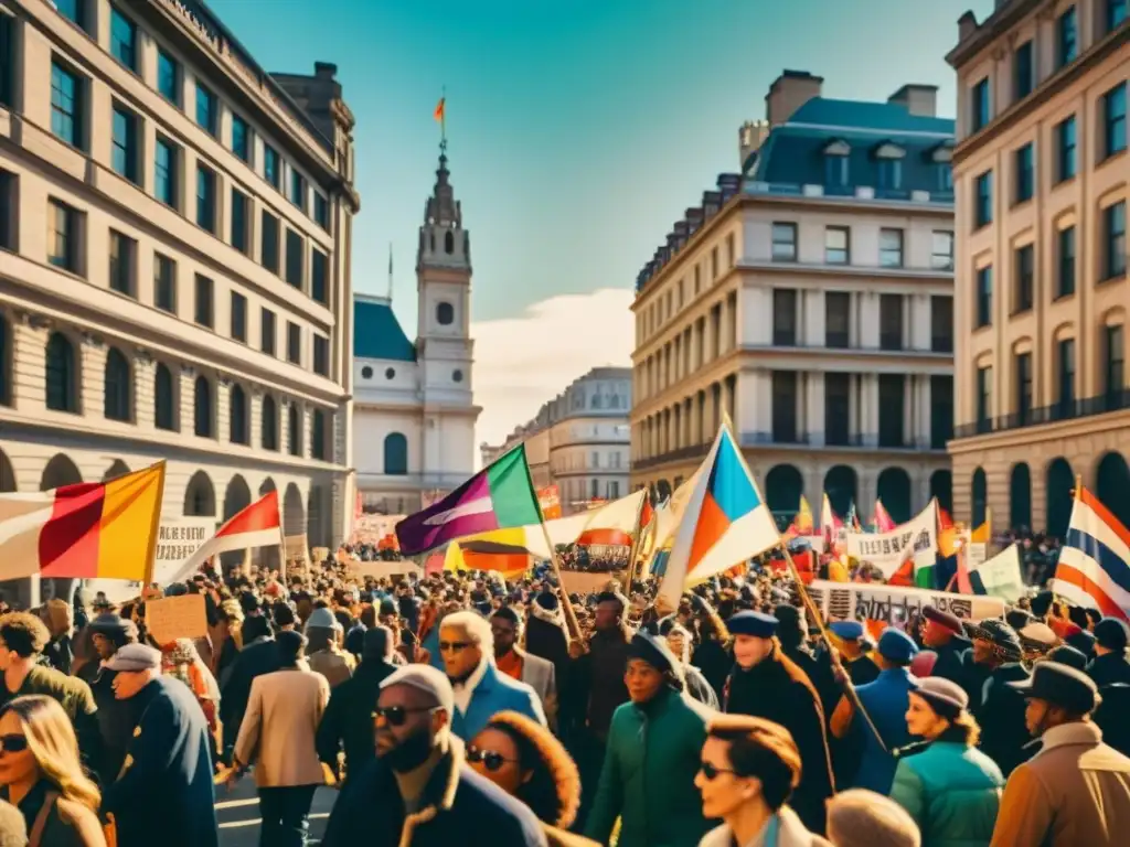 Un vibrante desfile vintage muestra una multitud diversa con pancartas y banderas coloridas, destacando patrones en protestas