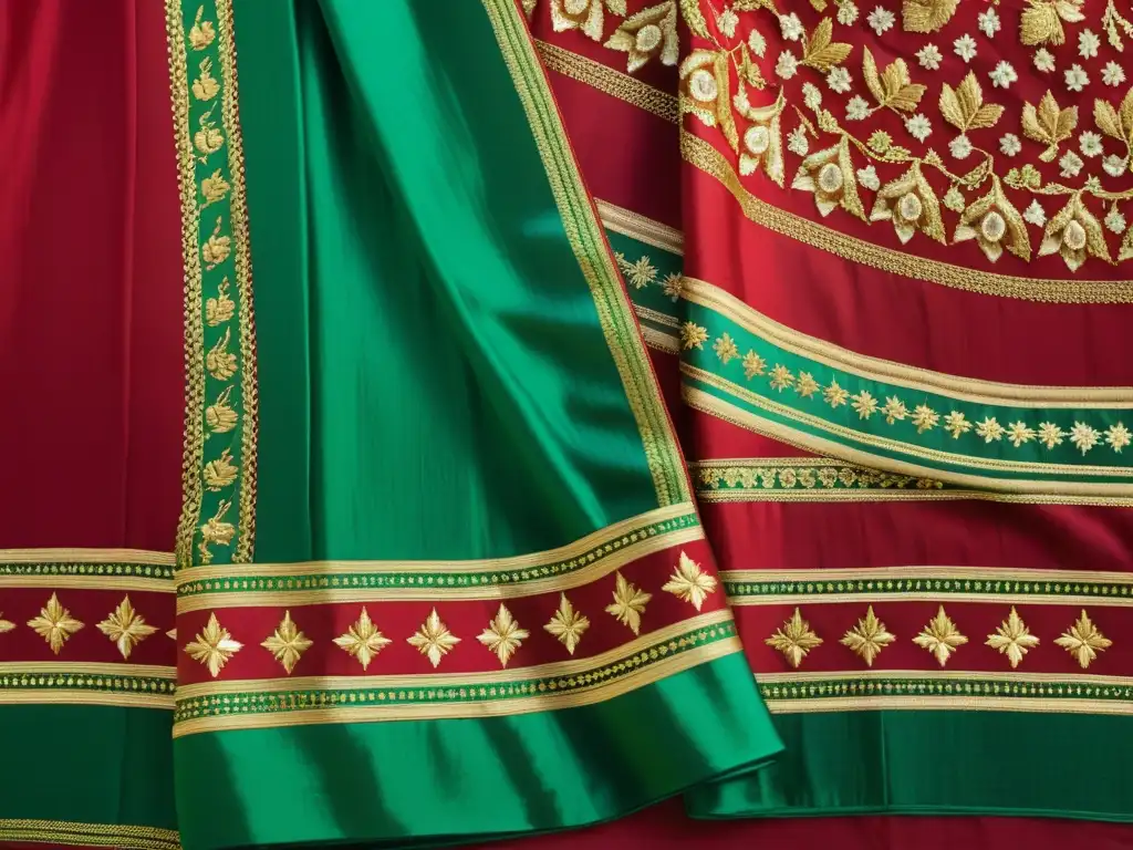 Vibrante Dupatta de la India con patrones artísticos en rojo, dorado y verde evocando elegancia y tradición