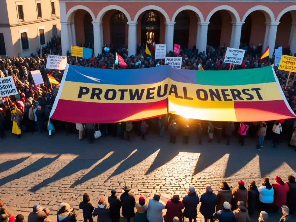 Un vibrante escenario de protesta en una plaza, con patrones artísticos en la música de protesta