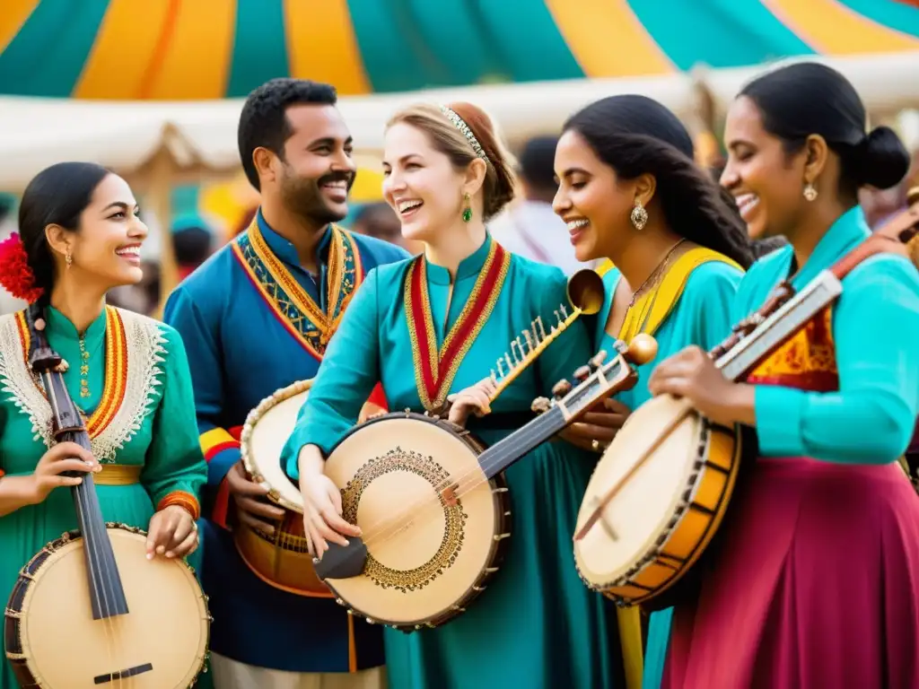 Un vibrante festival folclórico con músicos de diversas culturas tocando instrumentos tradicionales, exhibiendo patrones en sus instrumentos