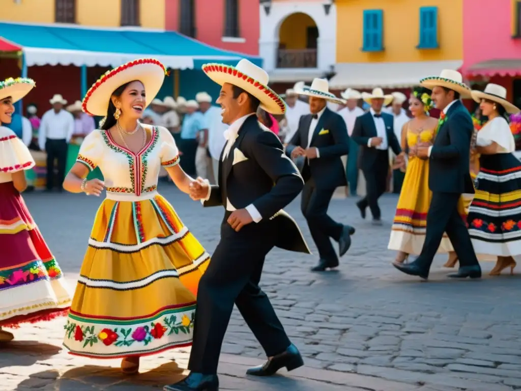 Vibrante fiesta latinoamericana en plaza soleada con significados simbólicos vestimenta latinoamericana