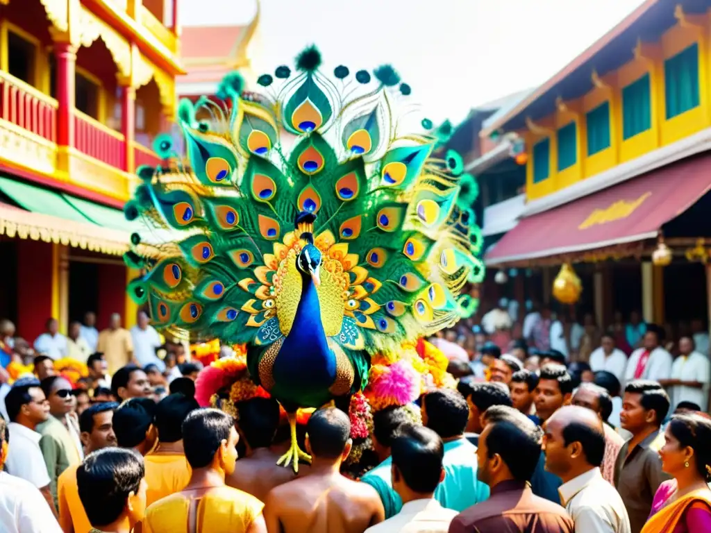 Una vibrante procesión de Thaipusam, con kavadis adornados con plumas de pavo real y mandalas coloridas, llena de reverencia y riqueza cultural