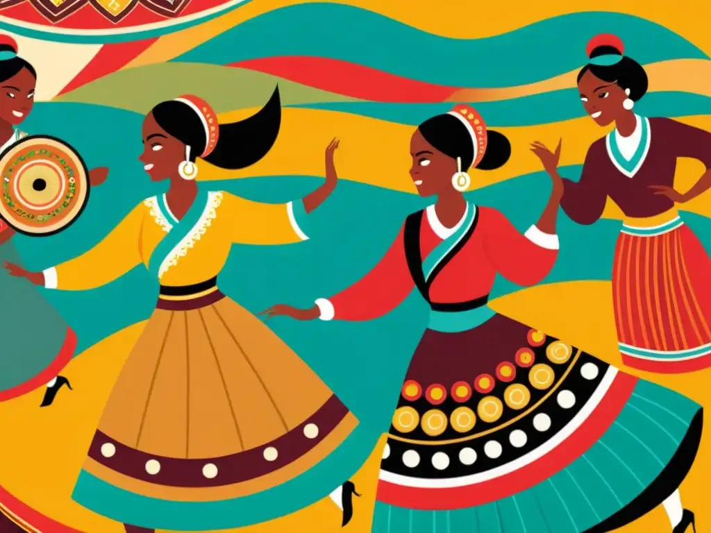 Una ilustración vibrante y llena de energía que captura la celebración cultural con patrones artísticos en animación y movimiento festivo, llena de tradición y vibrancy