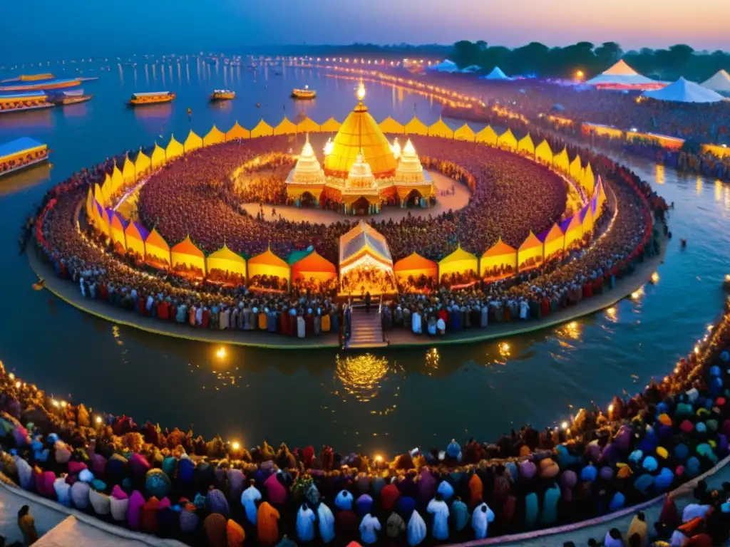 Vibrante Kumbh Mela en India con Geometría Sagrada y atmósfera espiritual