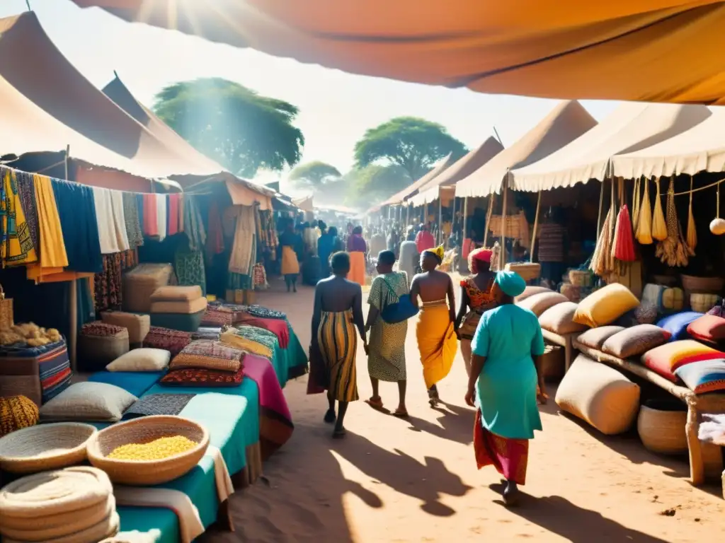 Un vibrante mercado africano lleno de vida y color, con influencia de los patrones artísticos africanos