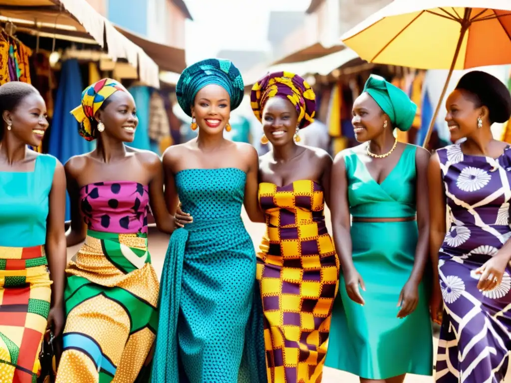 Un vibrante mercado africano donde mujeres visten Kitenge, un tejido tradicional con colores y patrones llamativos, reflejando la moda global