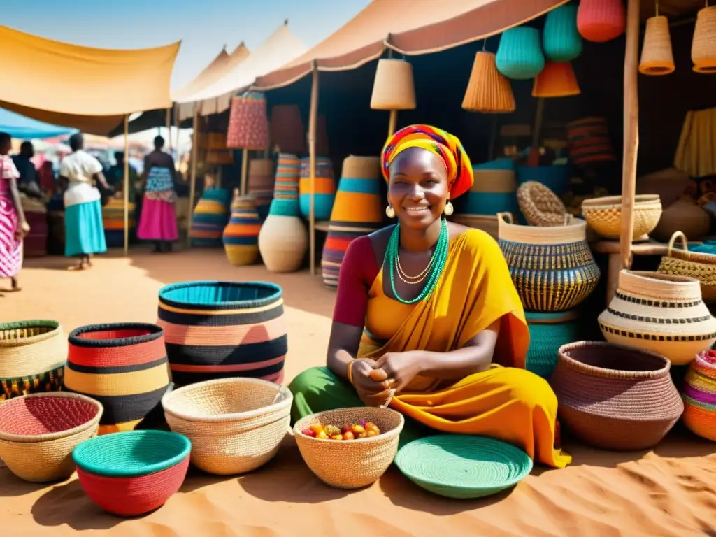 Un vibrante mercado africano con mujeres vendiendo artesanías y textiles, reflejando la influencia de los patrones artísticos africanos