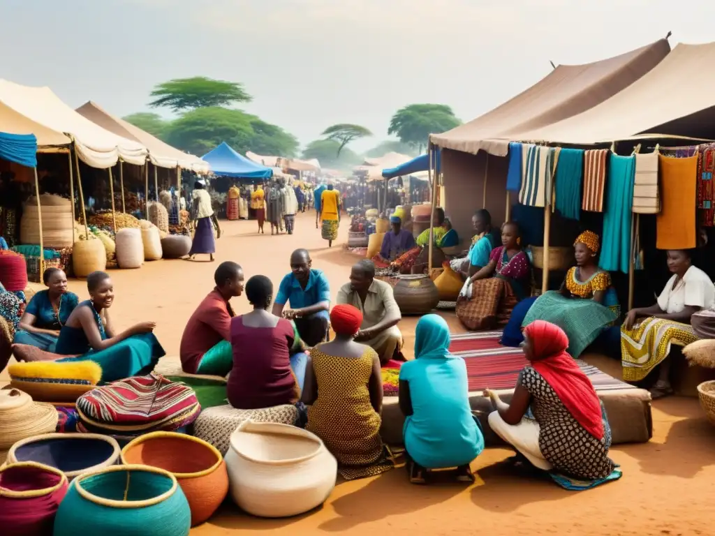 Vibrante mercado africano con tejidos impactantes en tonos tierra y añil, reflejando la vitalidad económica y cultural local