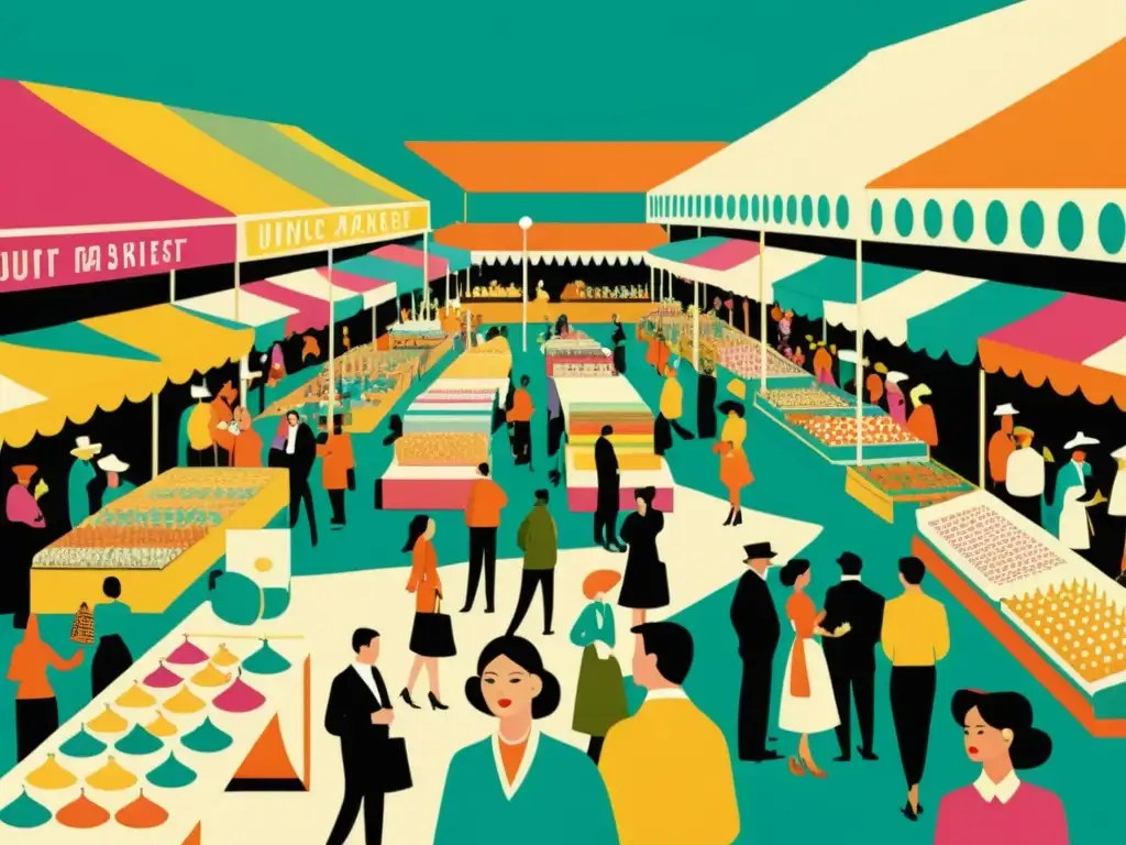 Vibrante mercado de arte con artistas y diseños únicos, atrayendo a compradores y curiosos