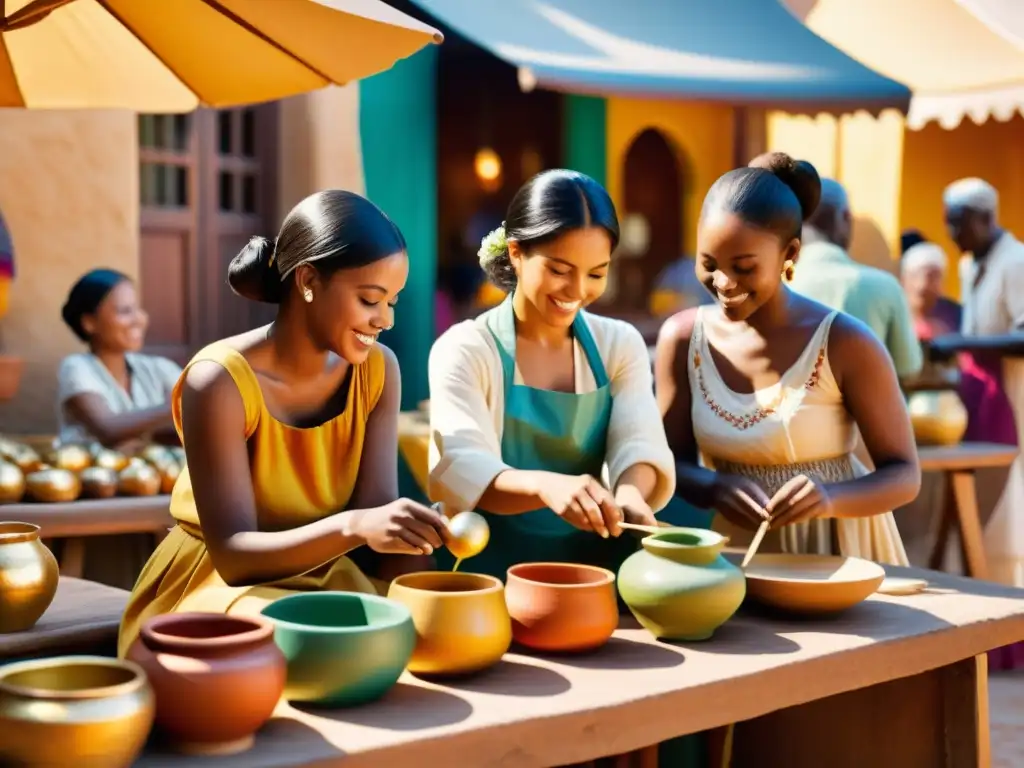 Un vibrante mercado con artistas de diferentes culturas creando patrones artísticos en un ambiente nostálgico y cálido