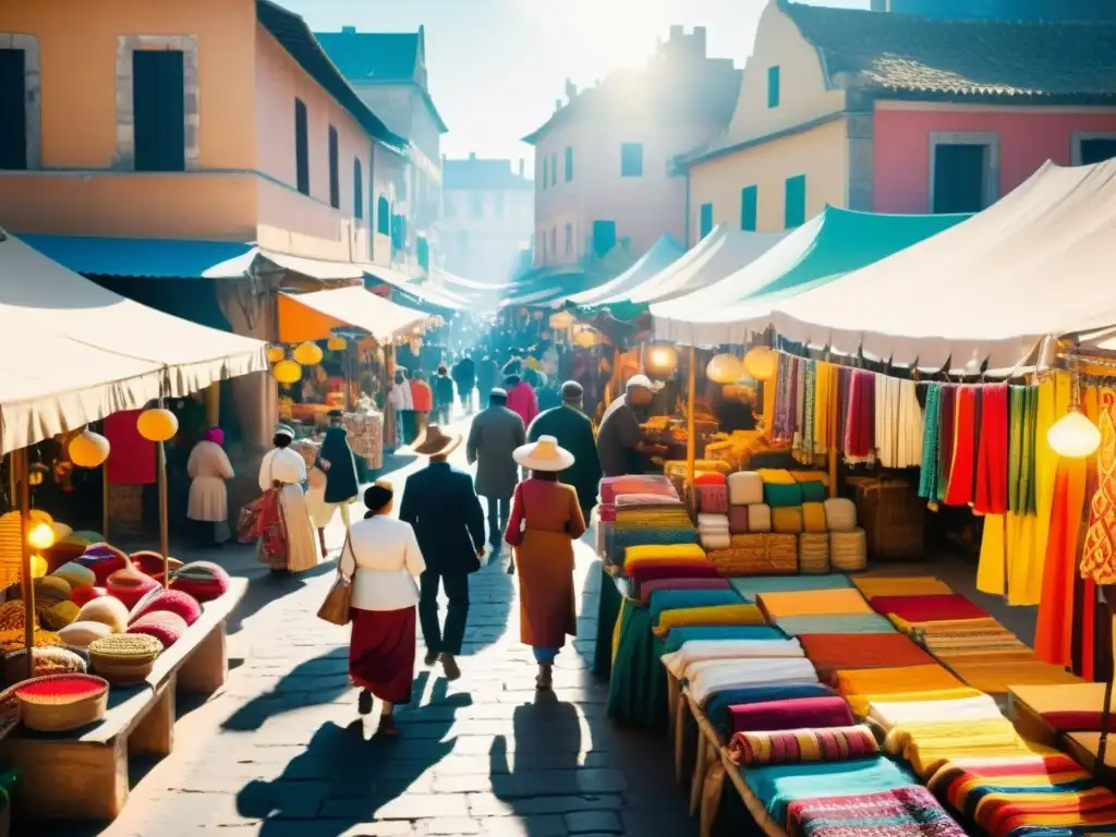 Vibrante mercado histórico con vendedores y compradores examinando patrones tradicionales auténticos