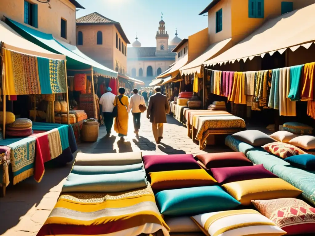 Vibrante mercado con influencia de textiles tradicionales en un ambiente cálido y nostálgico