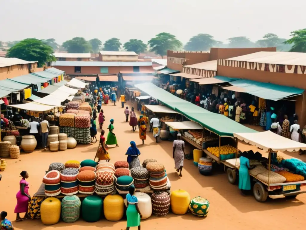 Vibrante mercado en Nigeria con mujeres vendiendo artesanías y textiles, destacando patrones tribales y tradición cultural