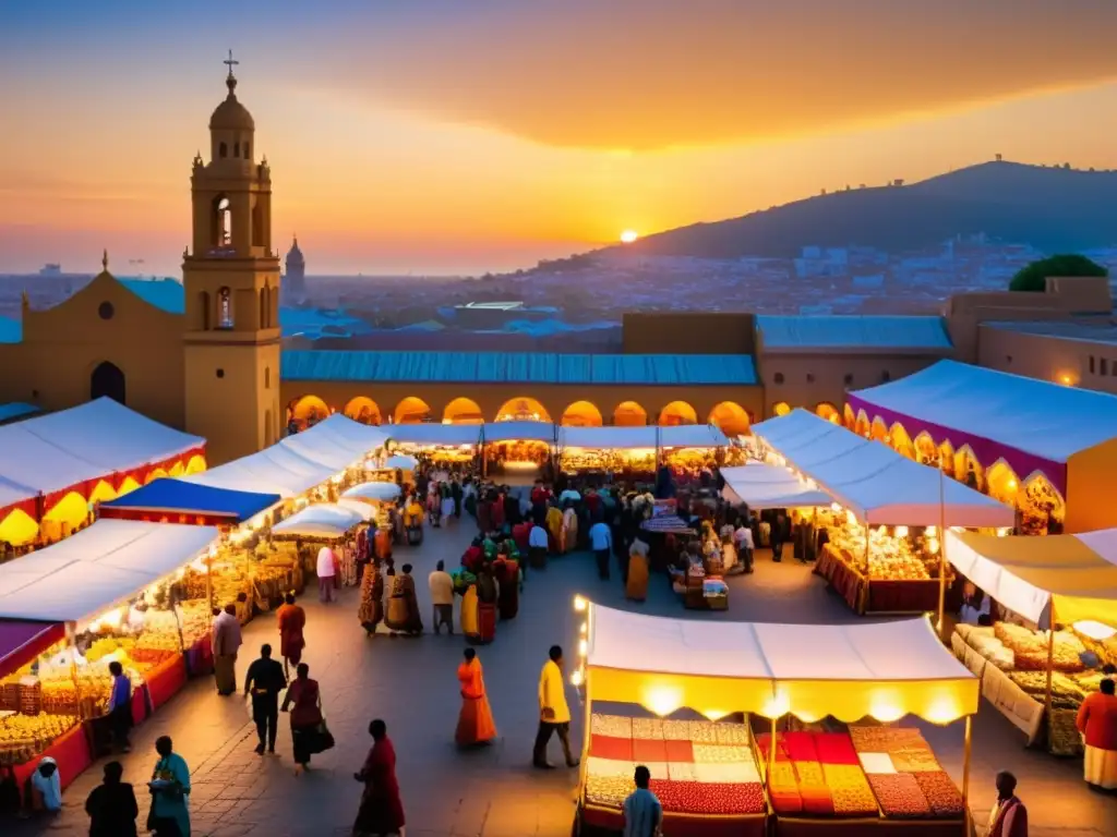 Mercado multicultural con textiles tradicionales y vibrantes colores Vibrante mercado multicultural, con diseños culturales comercio global en textiles tradicionales y coloridas artesanías, bajo el cálido atardecer